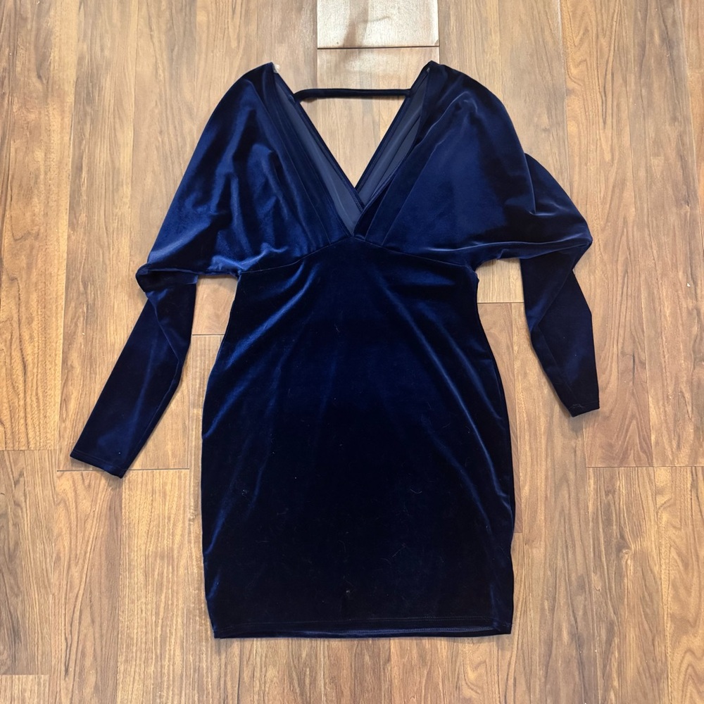 Fashion Nova Deep Blue Velvet Long Sleeve Dress